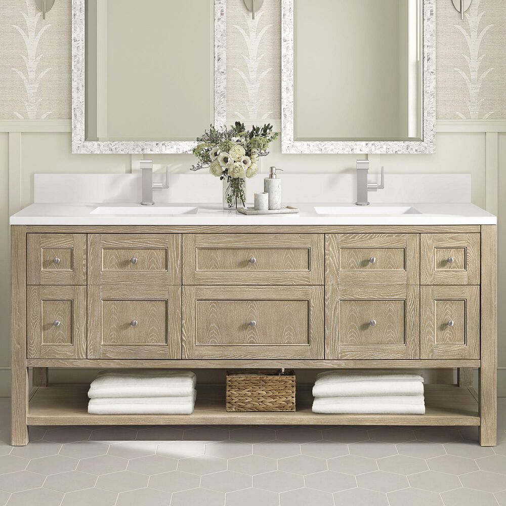 James Martin Vanities Breckenridge 72&quot; Double Vanity in Whitewashed Oak with Single Hole 3 cm White Zeus Quartz Top &amp; Backsplash, , large