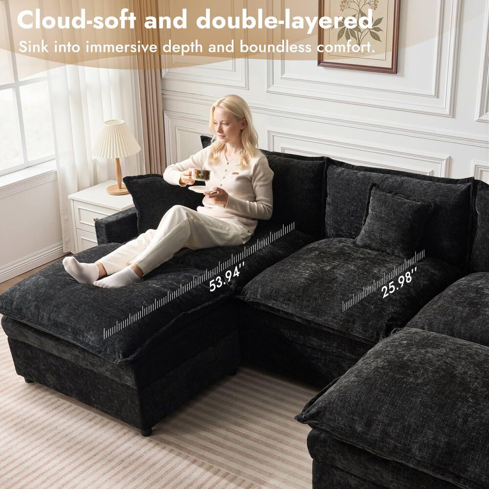 HOMLUX 107.87" Ultra-Comfort Chenille Sectional Sofa Set in Balck, , large