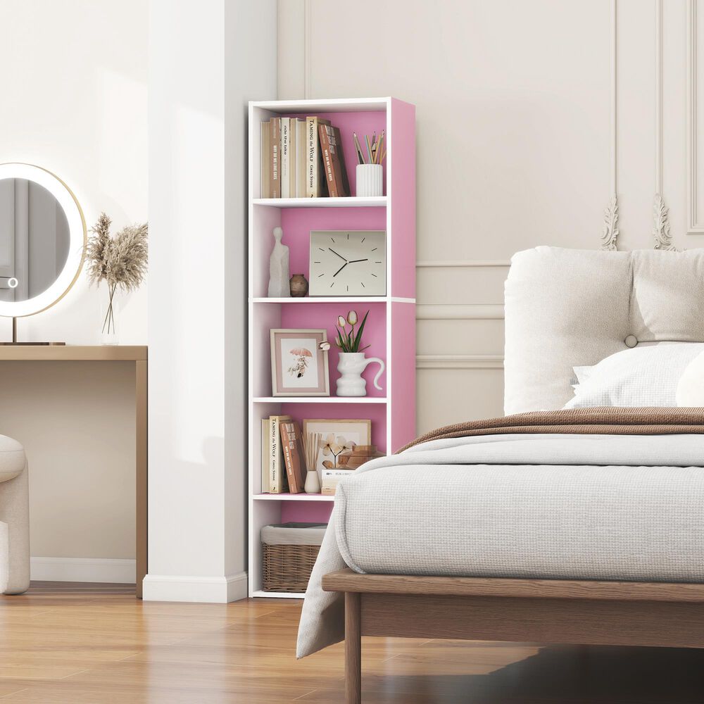 HOMLUX 5-Tier Reversible Bookshelf with Decorative Open Shelves in White and Pink, , large