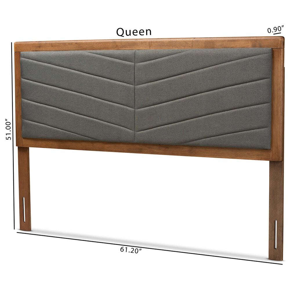Baxton Studio Iden Queen Panel Headboard with Dark Grey Fabric in Walnut Brown, , large