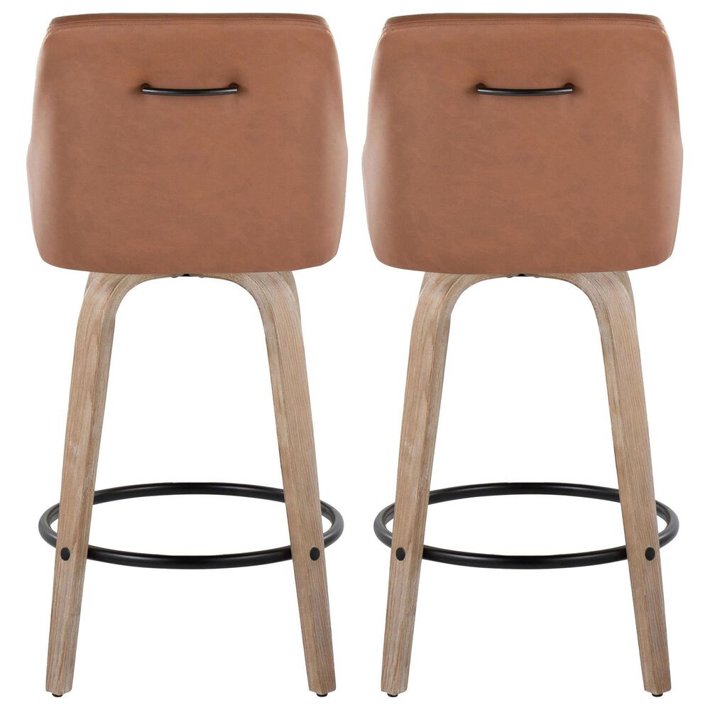 LumiSource Hannah Swivel Counter Stool with Camel Faux Leather Upholstery in Whitewashed and Black (Set of 2), , large