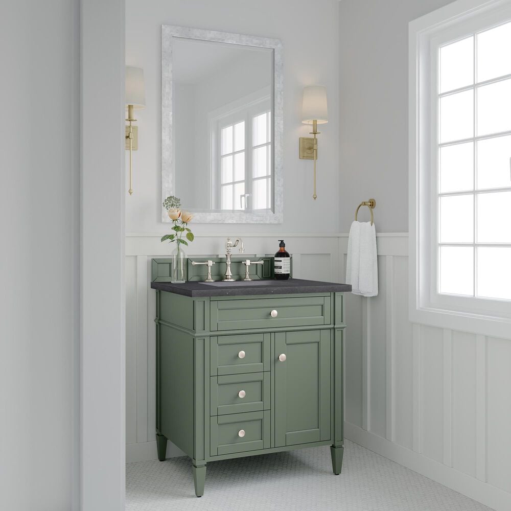James Martin Vanities Brittany 30&quot; Single Bathroom Vanity in Smokey Celadon with 3 cm Charcoal Soapstone Quartz Top and Rectangular Sink, , large