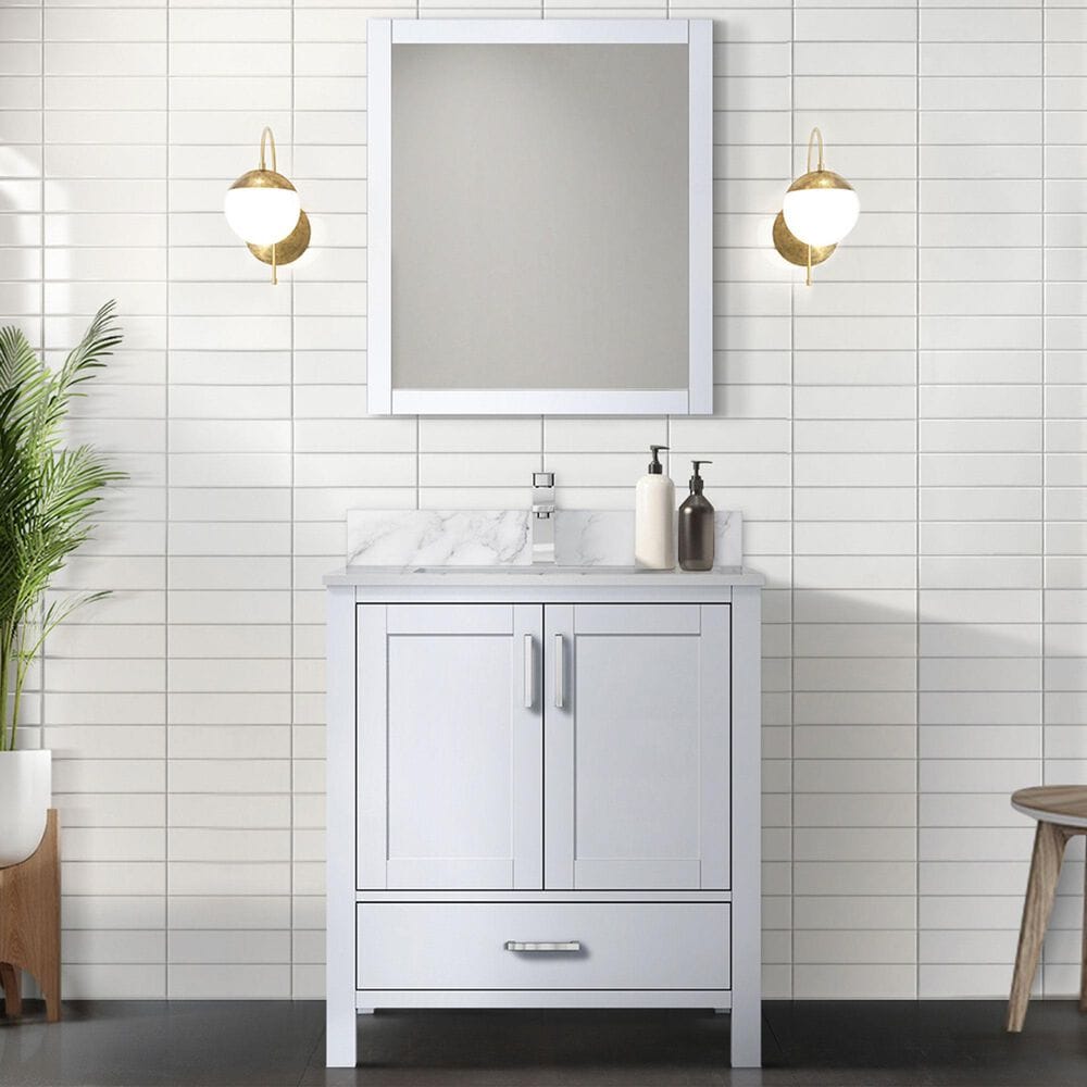Lexora Home Jacques 30&quot; Single Bathroom Vanity Cabinet Only in White and 28&quot; Mirror, , large