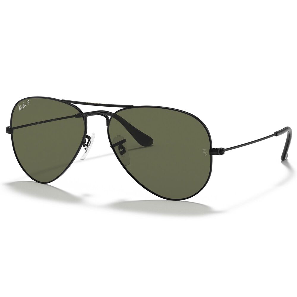 Ray-Ban Aviator Classic Sunglasses with Green Polarized Lenses in Polished Black, , large