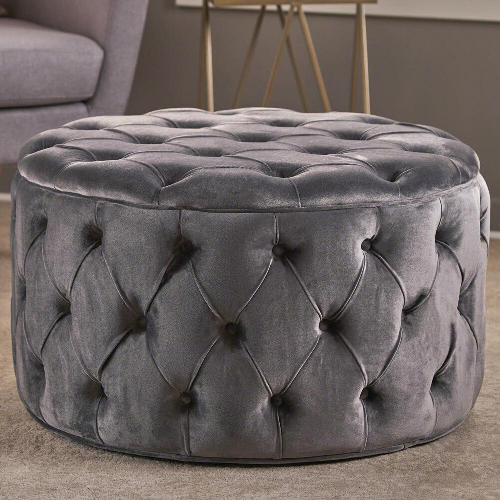 Noble House Aaden Tufted Ottoman in Gray Velvet, , large