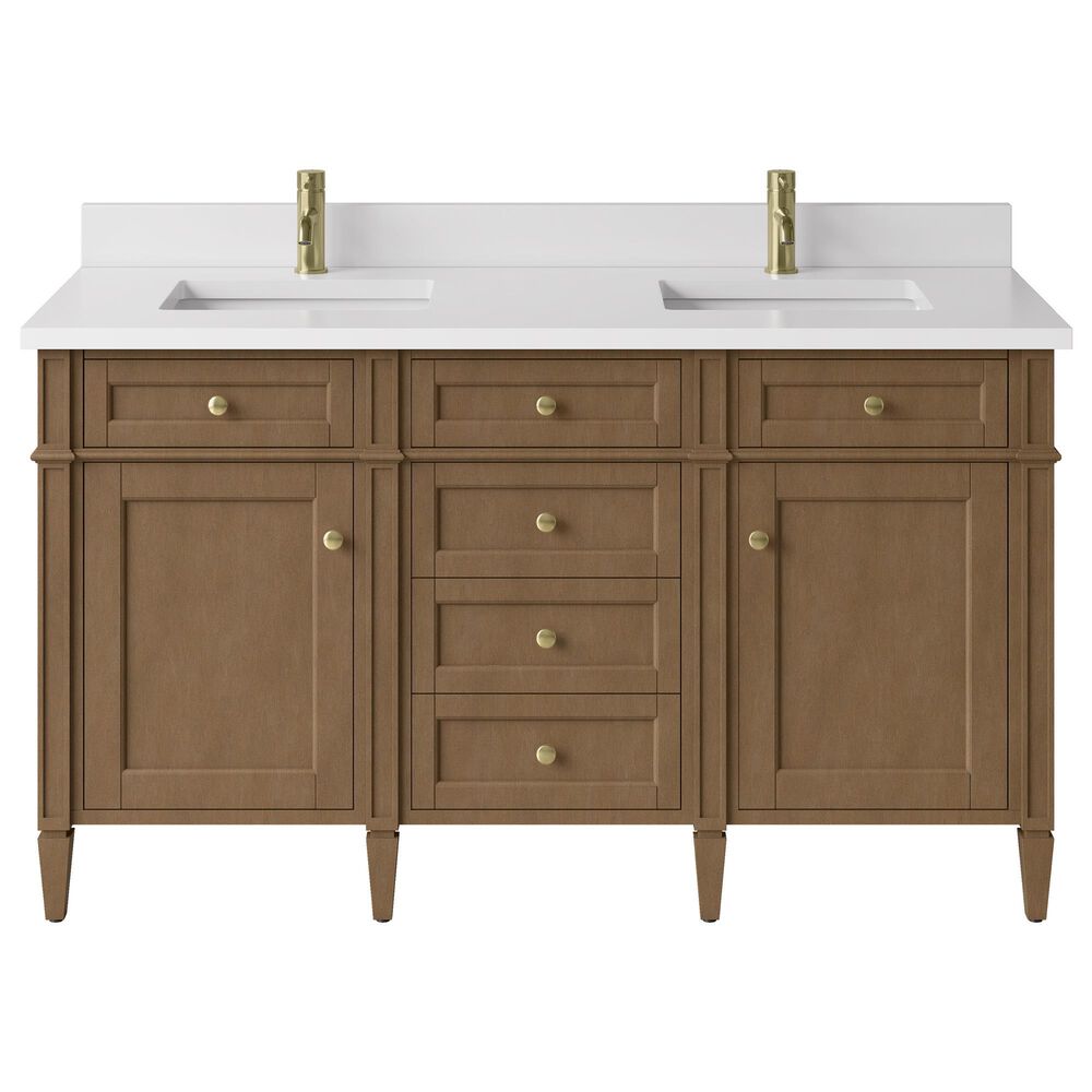 James Martin Brittany 60" Double Bathroom Vanity in Pecan with Single Hole 3 cm White Zeus Silestone Top and Rectangular Sinks, , large