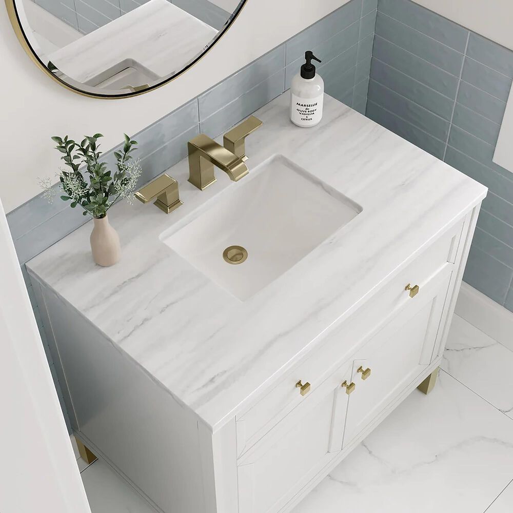 James Martin Vanities Chicago 36&quot; Single Bathroom Vanity in Glossy White with 3 cm Arctic Fall Solid Surface Top and Rectangular Sink, , large