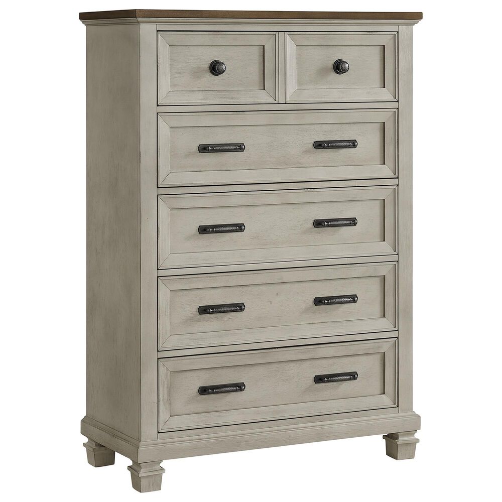 Mayberry Hill Farmington 5-Drawer Chest in Medium Brown and Washed Stone, , large