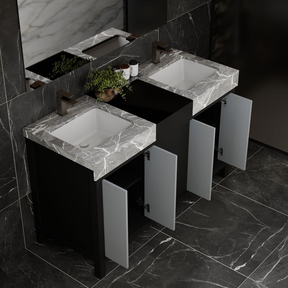 Lexora Home Zilara 55&quot; Double Bathroom Vanity in Black and Grey with 11 cm Castle Grey Marble Top and Rectangular Sinks, , large