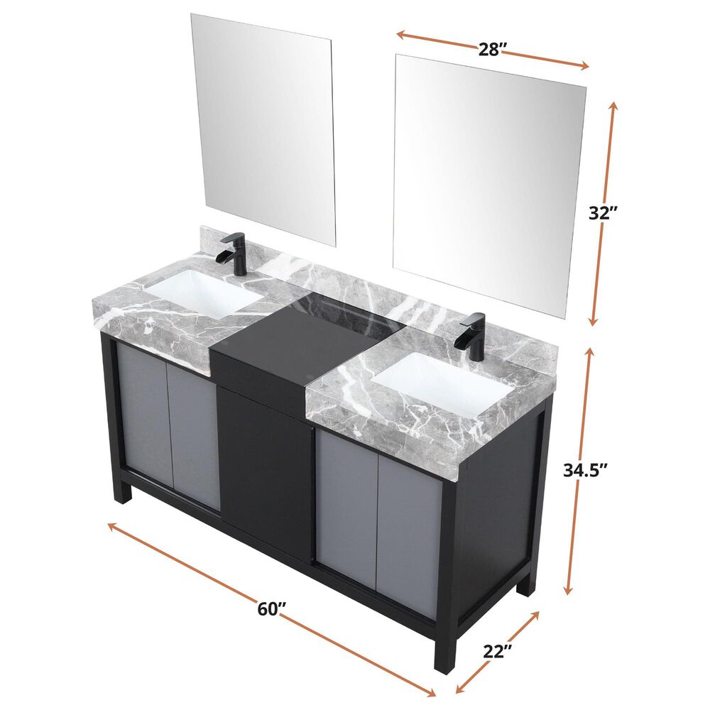 Lexora Home Zilara 60&quot; Double Bathroom Vanity in Black and Grey with 11 cm Castle Grey Marble Top and Rectangular Sinks, , large