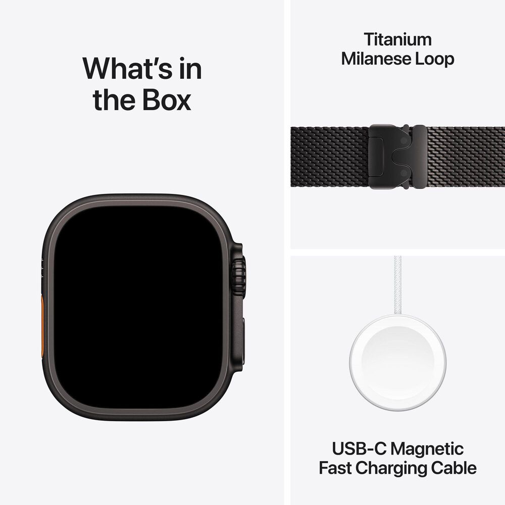 Apple Watch Ultra 3 (GPS+Cellular) 49mm Titanium Case with Titanium Milanese Loop - Medium in Black and 2-Year AppleCare+, , large