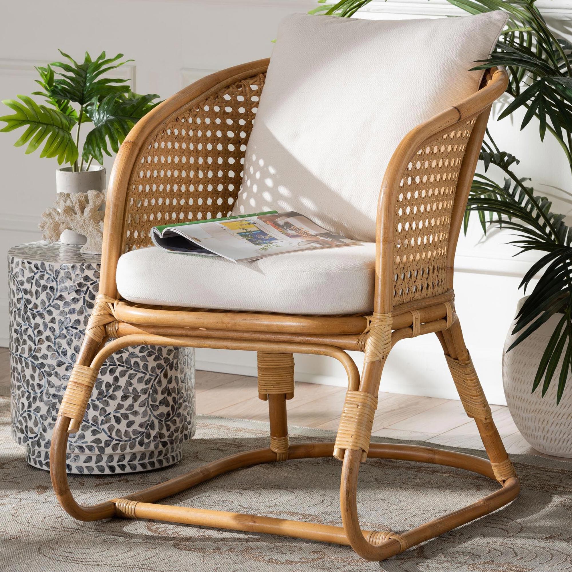 Baxton Studio Niko Patio Arm Chair with Light Honey Rattan in White