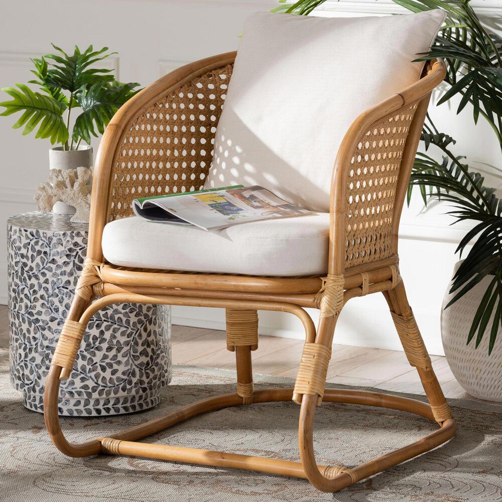 Baxton Studio Niko Patio Arm Chair with Light Honey Rattan in White, , large