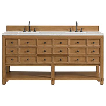 James Martin Malibu 72" Double Bathroom Vanity in Amber Birch with 3 cm Ethereal Noctis Quartz Top and Rectangular Sinks, , large