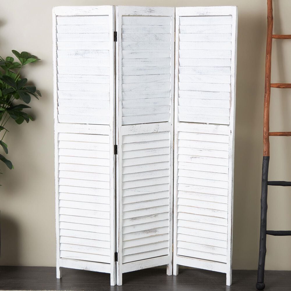 Maple and Jade 3-Panel Shutter Top Partition Room Divider Screen in Washed White and Gray, , large