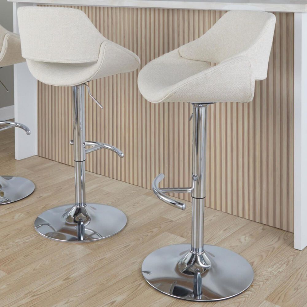 LumiSource Fabrico Swivel Adjustable Bar Stool with Cream Noise Fabric Upholstery and Rounded T Footrest in Chrome (Set of 2), , large
