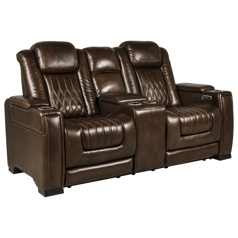 Frankfurt Furniture Leather Power Reclining Console Loveseat with Power Headrest in Brown, , large