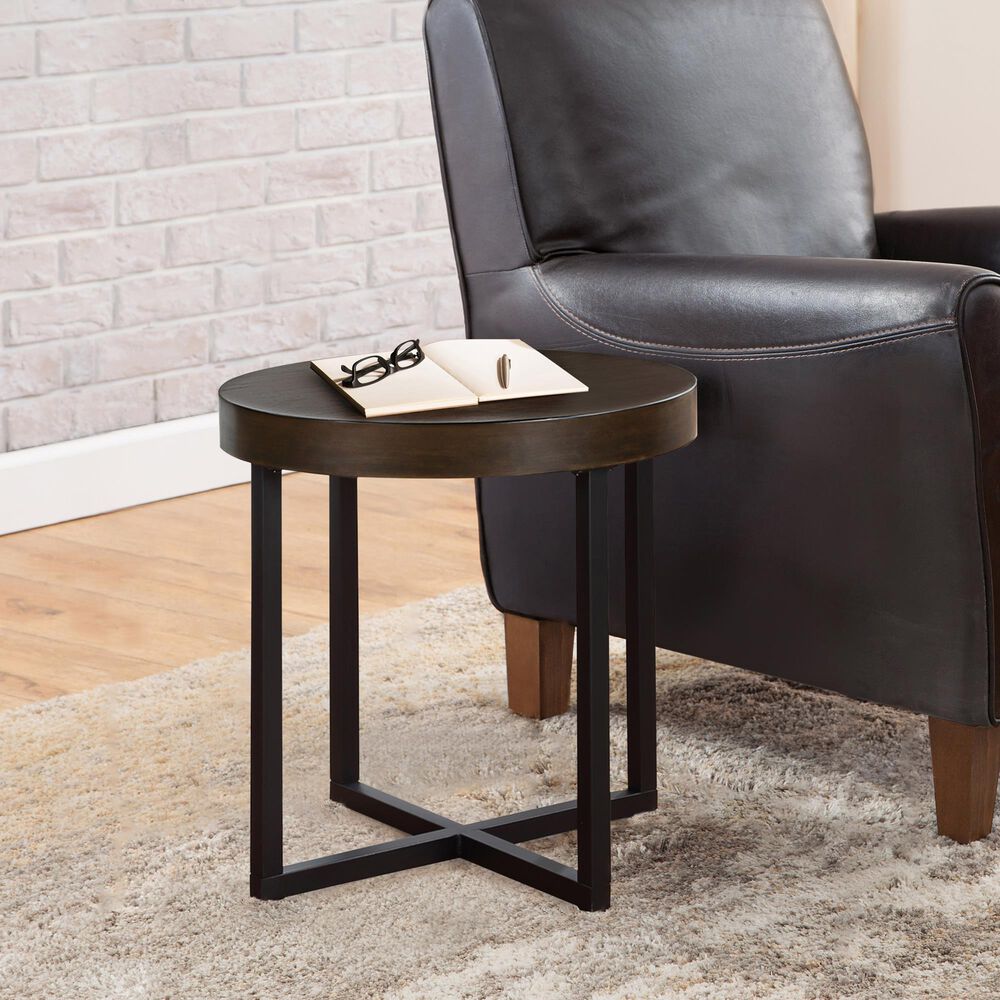 Steve Silver Furniture Yukon Round End Table in Walnut and Black, , large