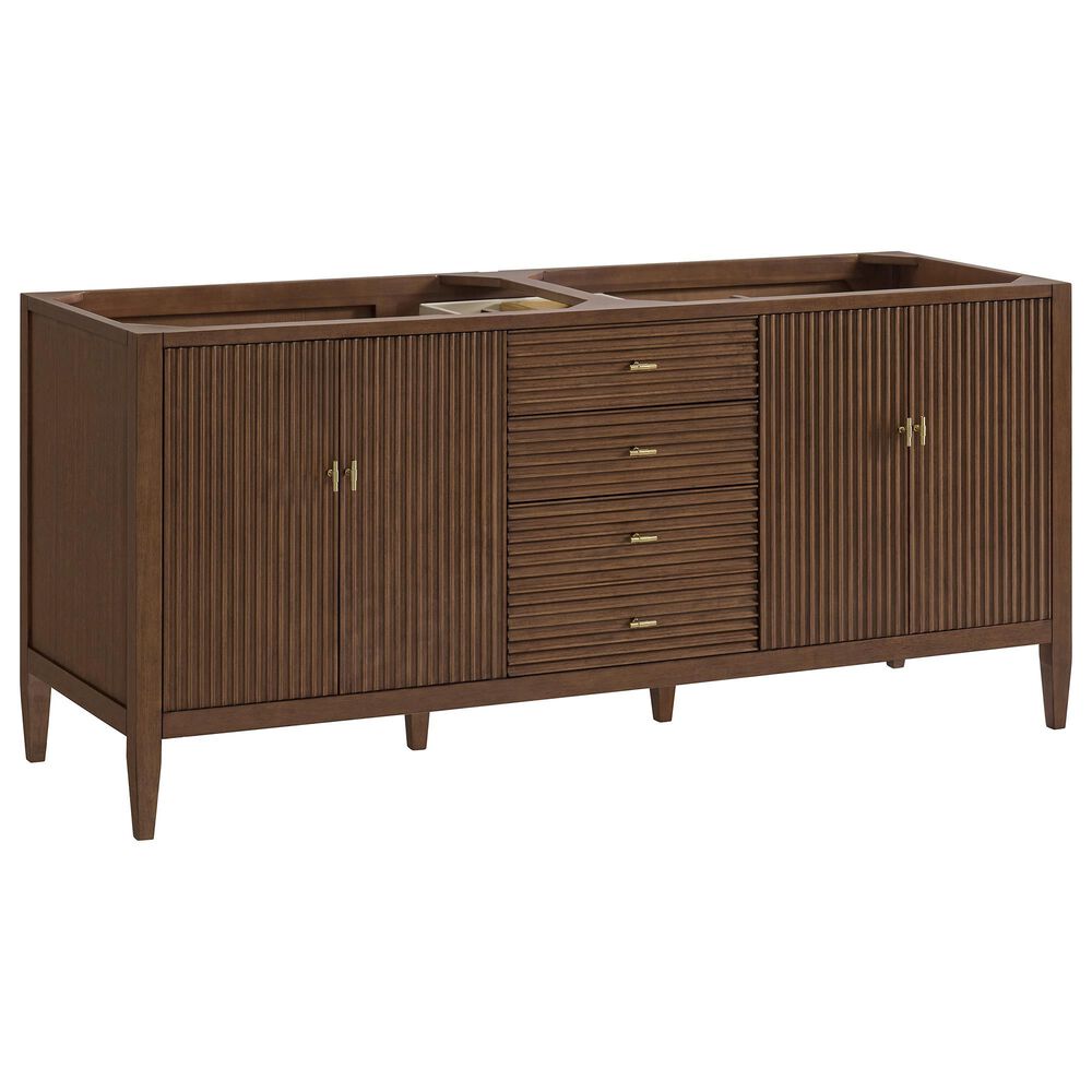 James Martin Vanities Myrrin 72&quot; Double Vanity in Mid-Century Walnut with 3 cm White Zeus Quartz Top, , large
