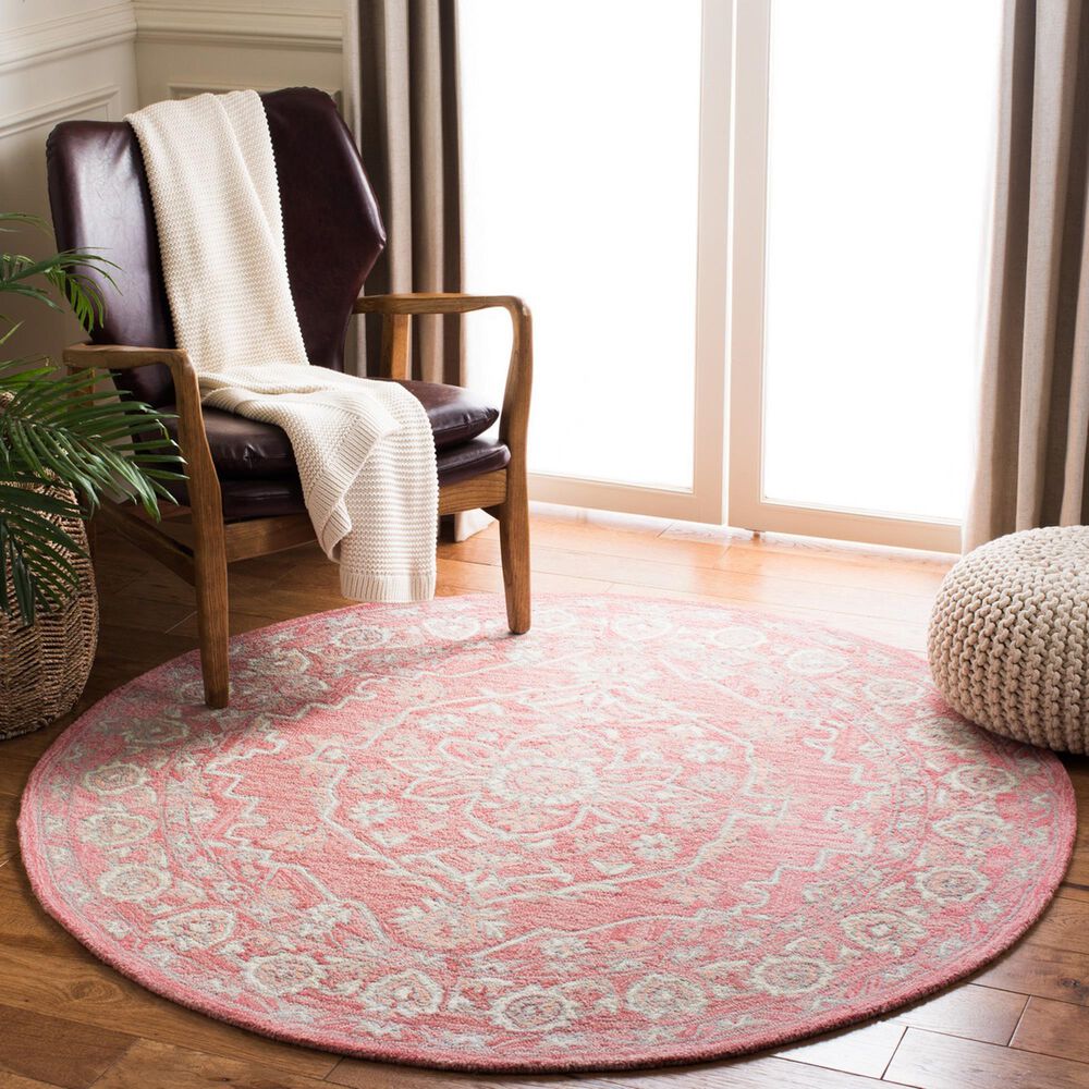 Safavieh Micro-Loop Oriental 5&#39; Round Pink and Ivory Area Rug, , large