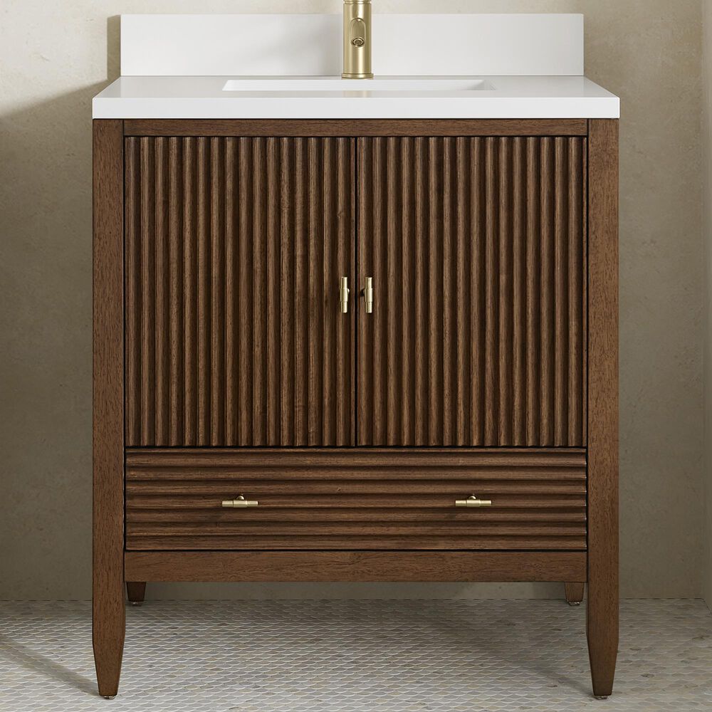 James Martin Myrrin 30" Single Bathroom Vanity in Mid-Century Walnut with Single Hole 3 cm White Zeus Silestone Top and Rectangular Sink, , large