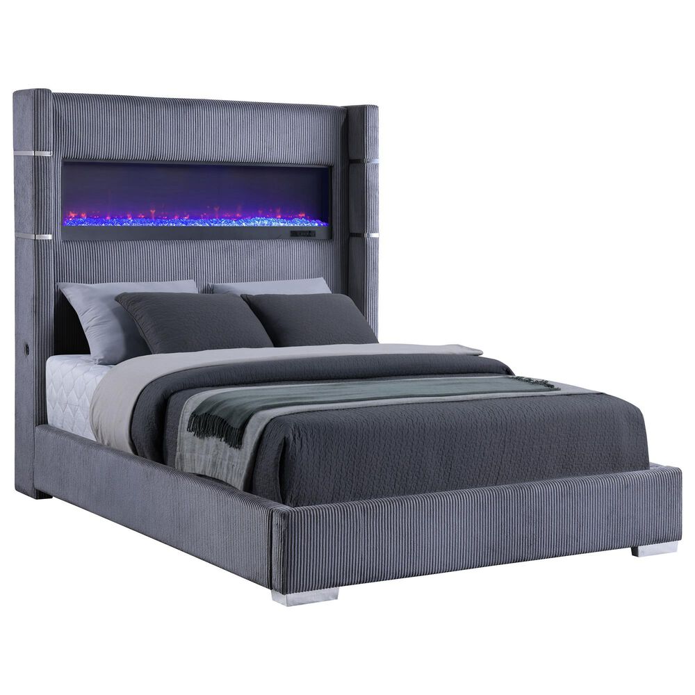 Coaster Tisdall Queen Upholstered Fireplace Bed in Grey, , large