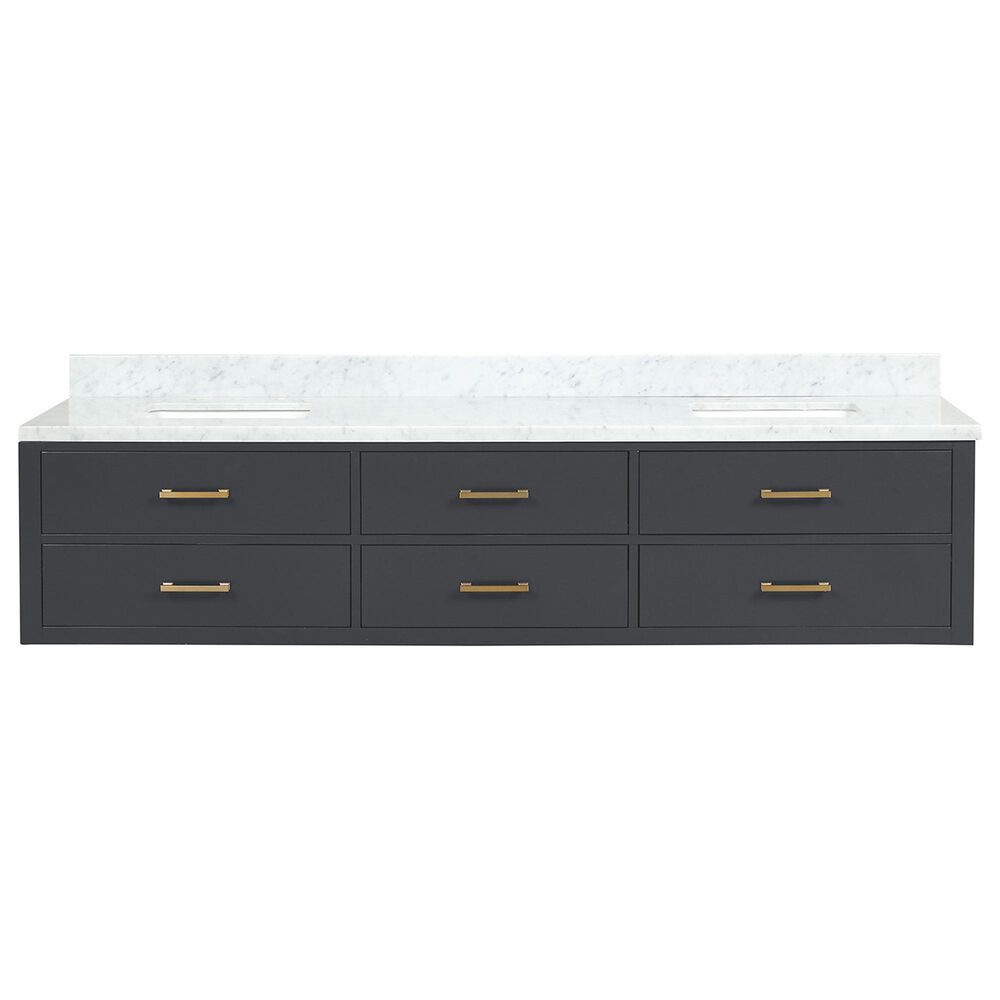 Lexora Home Castor 84&quot; Double Bathroom Vanity in Blue with 2 cm White Carrara Marble Top and Rectangular Sinks, , large