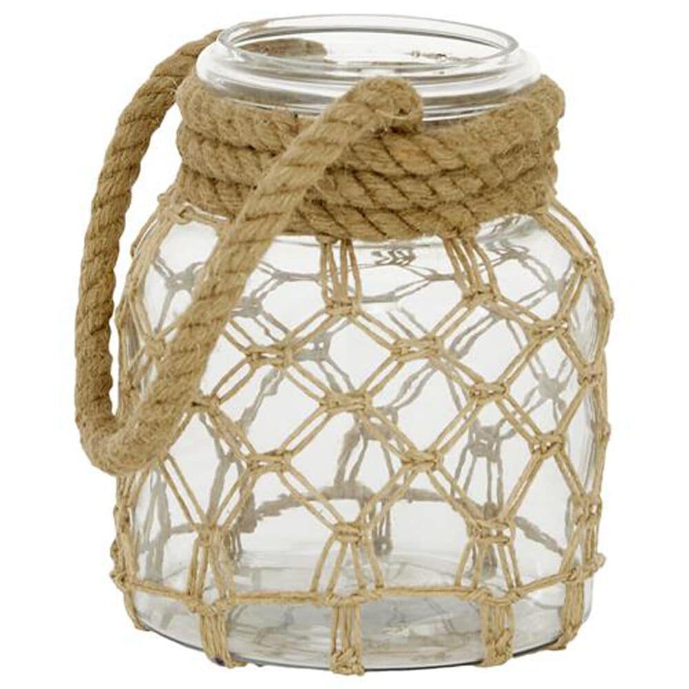 Maple and Jade 9&quot; Decorative Indoor/Outdoor Candle Lantern with Rope Handle in Clear and Brown, , large