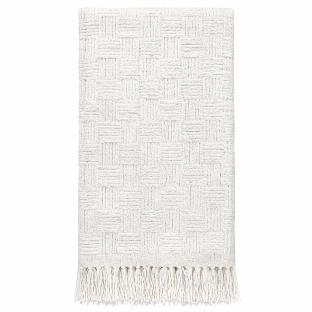 Trade Linker 50" x 70" Chenille Polyester Fringed Basket Throw in Ivory, , large