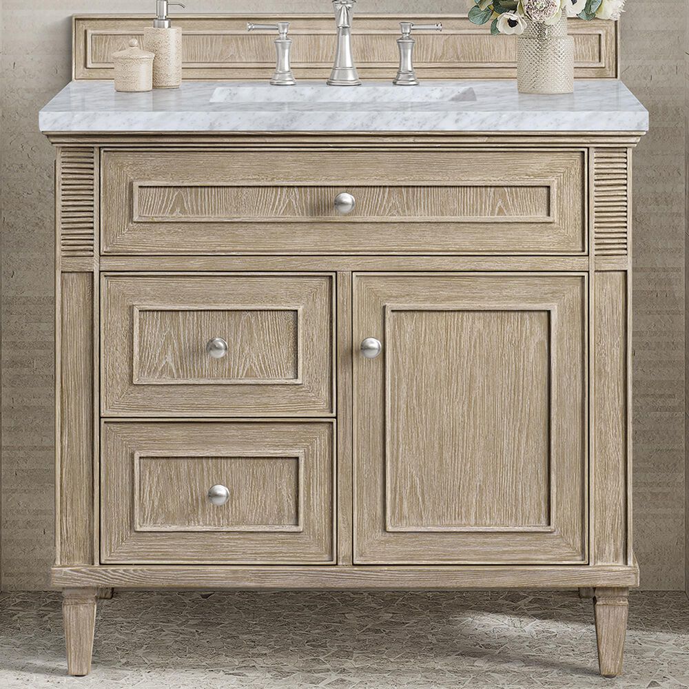 James Martin Vanities Lorelai 36&quot; Single Vanity in Whitewashed Oak with 3 cm Carrara White Marble Top, , large