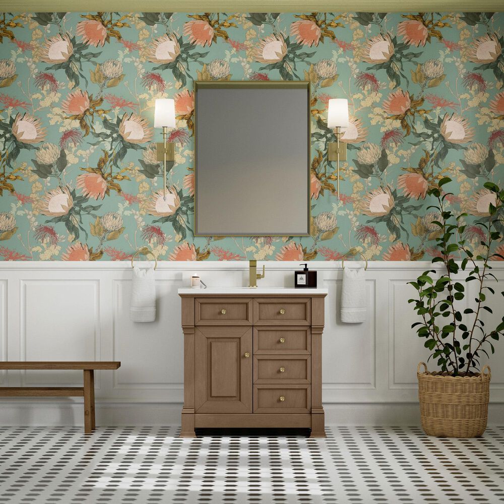 James Martin Vanities Brookfield 36&quot; Single Bathroom Vanity in Pecan with Single Hole 3 cm White Zeus Quartz Top and Rectangular Sink, , large