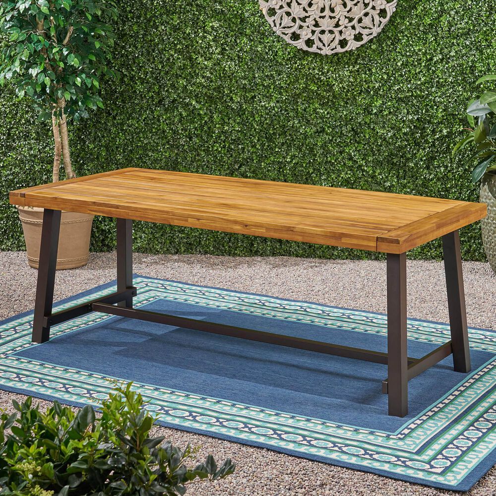 Hearth and Haven Outdoor Wood Dining Table with Slat Top and Metal Base in Teak, , large