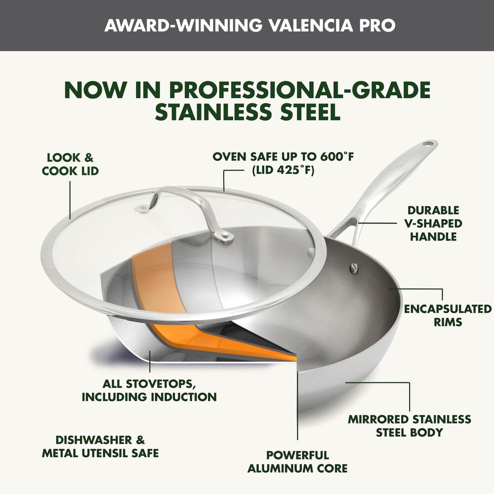Green Pan Valencia Pro 2.5-Quart Uncoated Chef's Pan with Lid in Stainless Steel, , large
