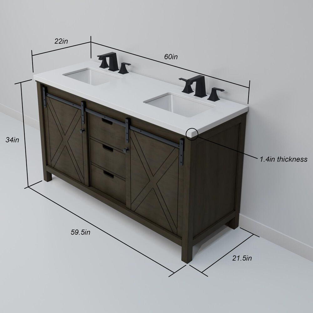 Lexora Home Marsyas 60" Double Bathroom Vanity in Rustic Brown with White Quartz Top and Rectangular Sinks, , large