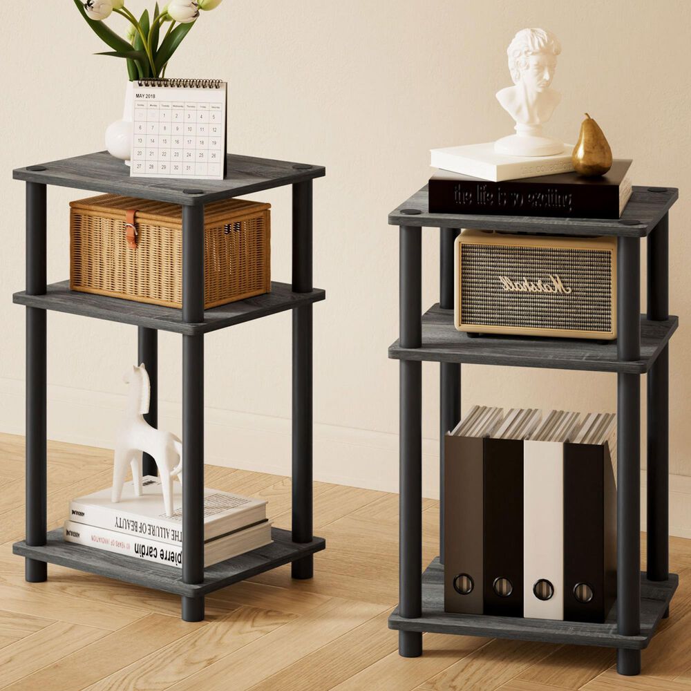 HOMLUX 3-Tier Turn-N-Tube End Table in French Oak Grey and Black (Set of 2), , large