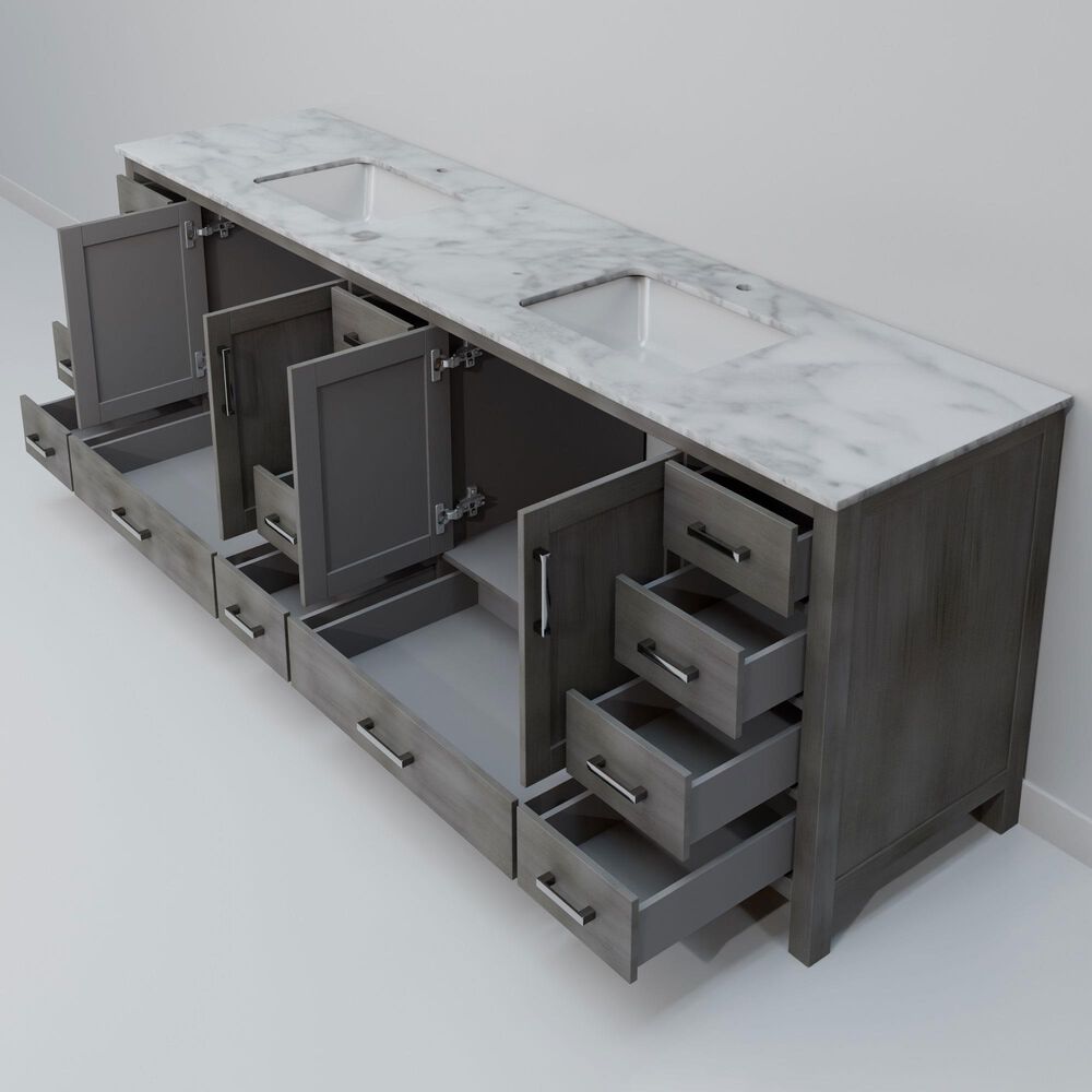 Lexora Home Jacques 84" Double Bathroom Vanity in Distressed Grey with 2 cm White Carrara Marble Top and Rectangular Sinks, , large