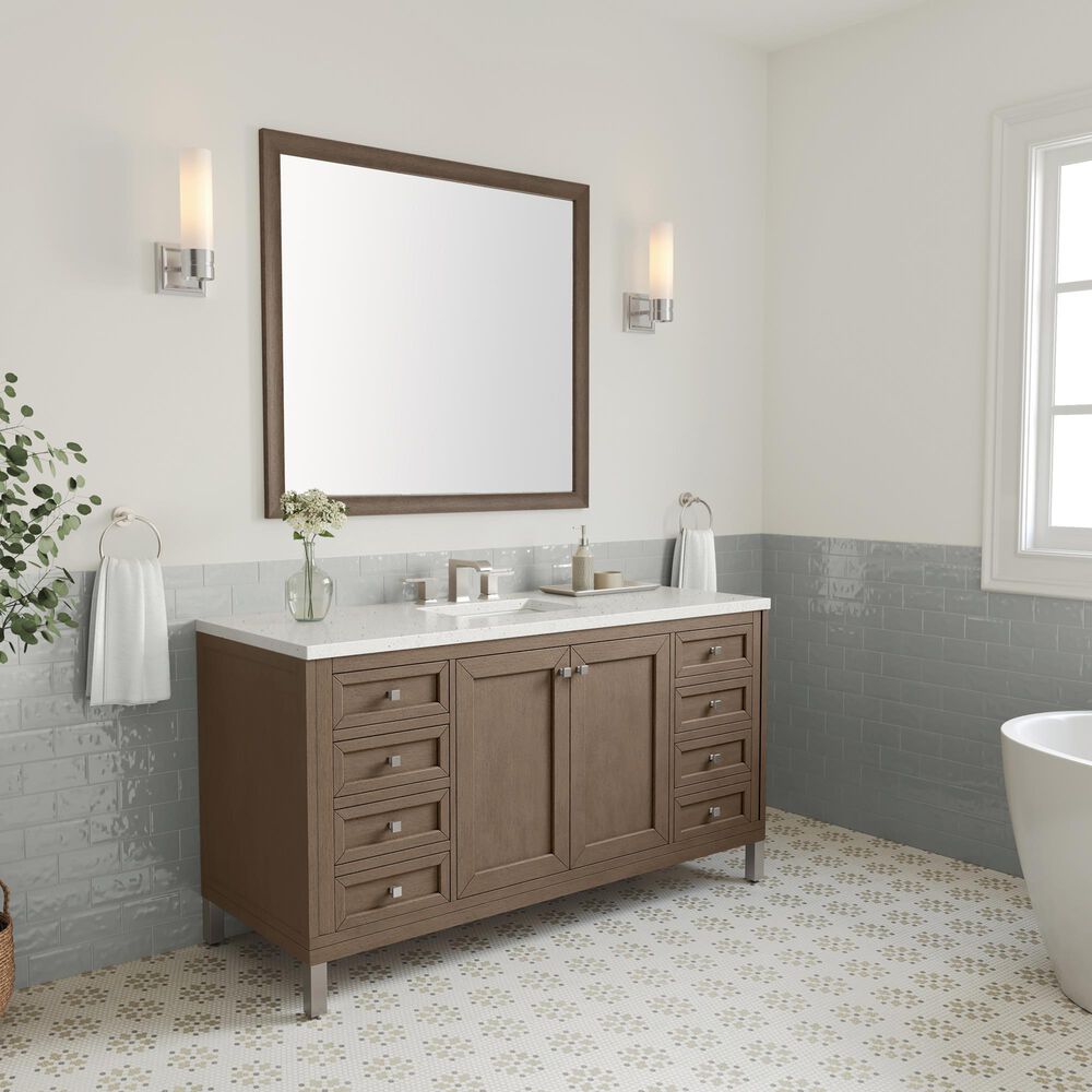 James Martin Vanities Chicago 60&quot; Single Bathroom Vanity in Whitewashed Walnut with 3 cm Lime Delight Quartz Top and Rectangular Sink, , large