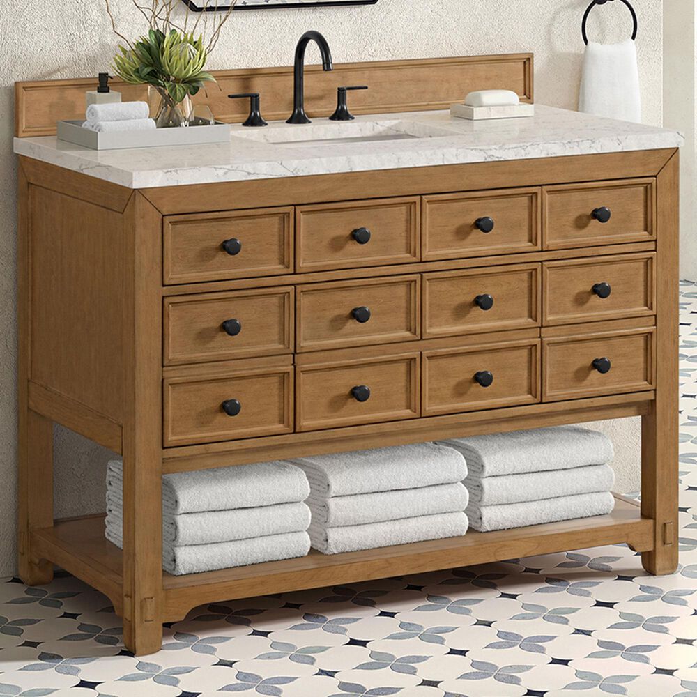 James Martin Malibu 48&quot; Single Bathroom Vanity in Amber Birch with 3 cm Eternal Jasmine Pearl Quartz Top and Rectangular Sink, , large