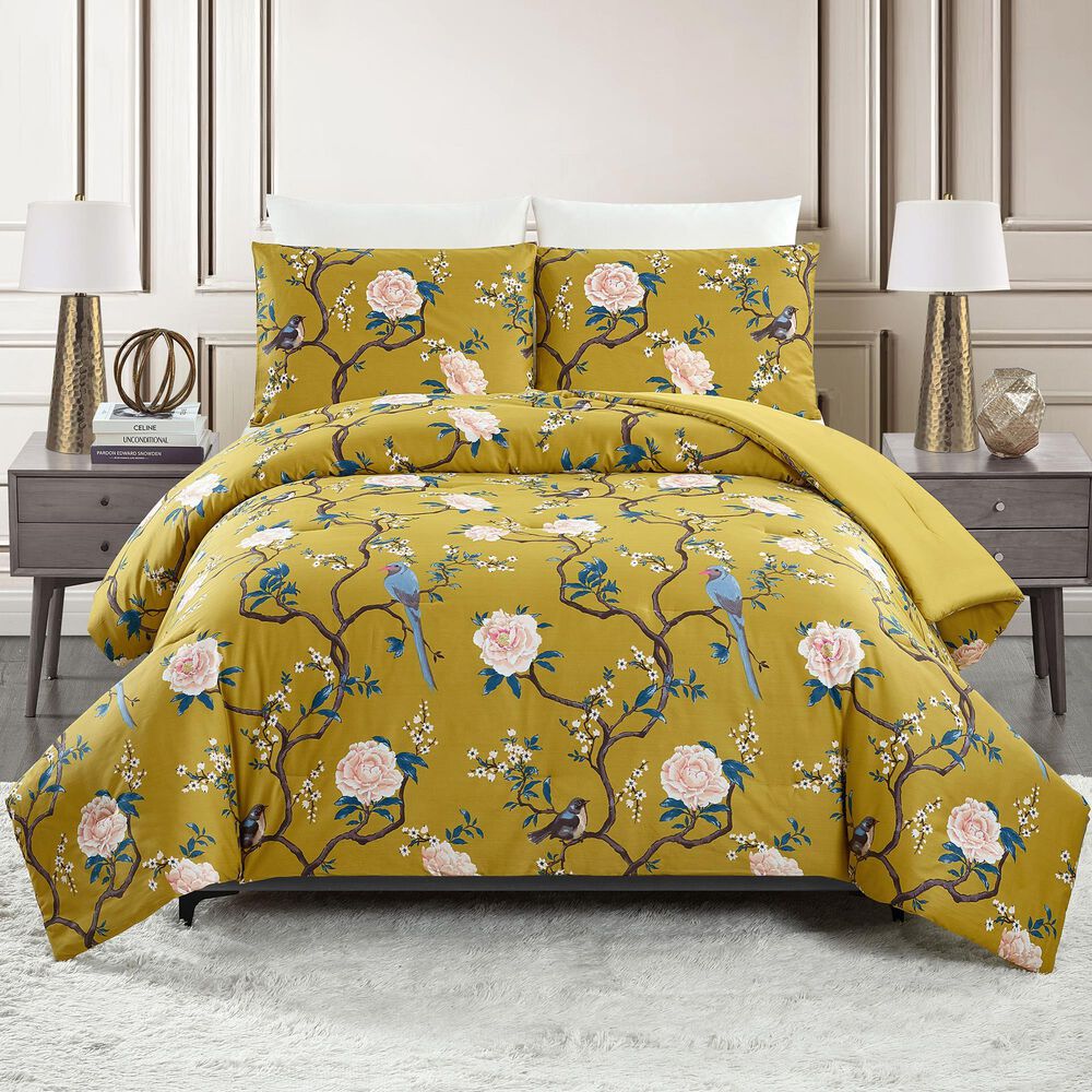 Peking Handicraft Bird Chinoiserie 3-Piece Full/Queen Comforter Set in Gold, , large