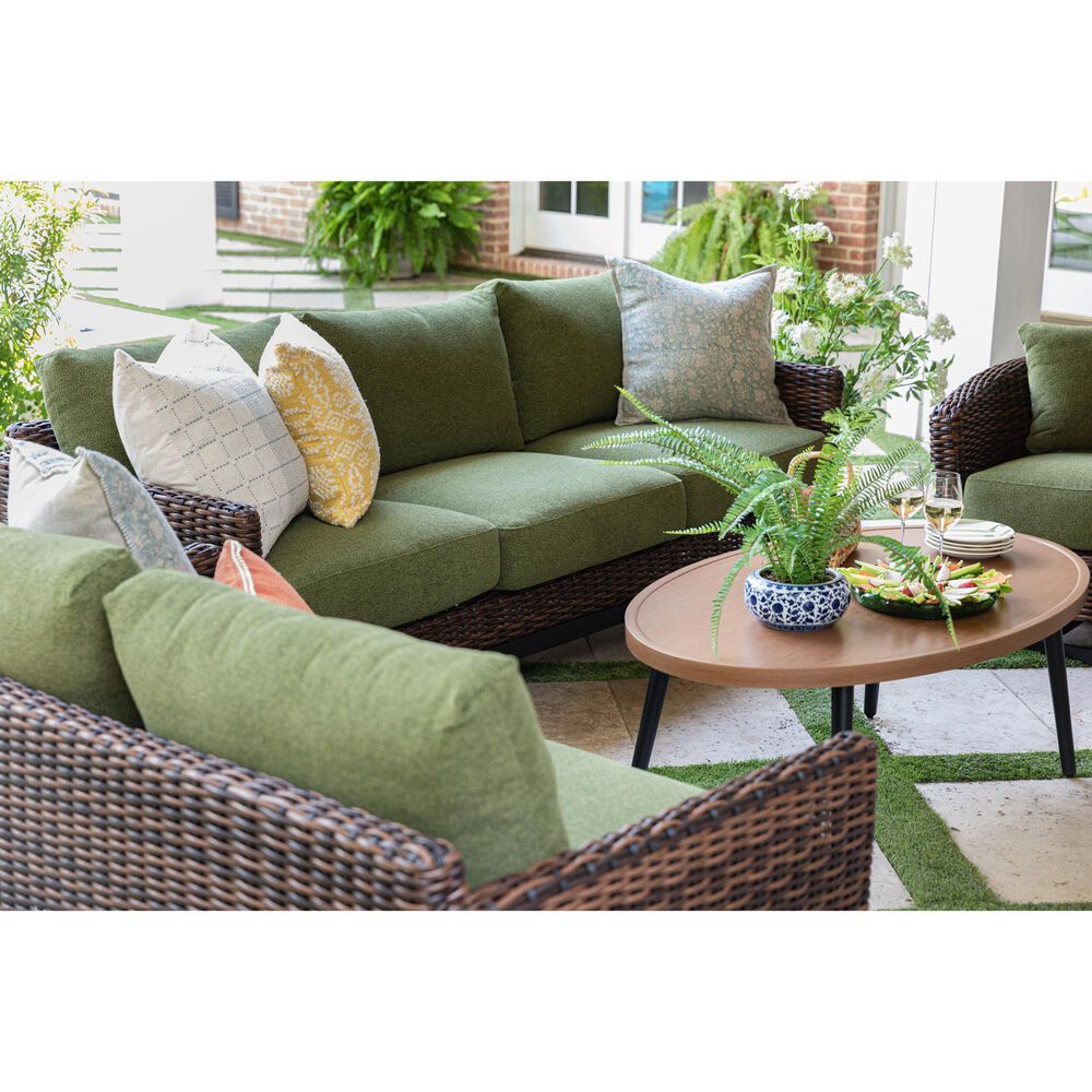Ashley Horizon Hall Outdoor Loveseat with Green Cushion in Brown, , large
