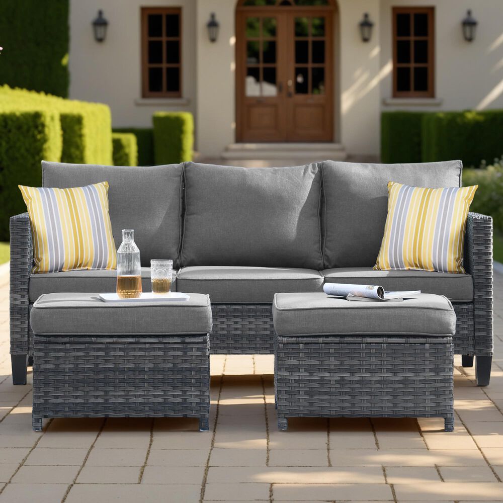 HOMLUX 3-Piece Modular Outdoor Sofa Set with Two Ottomans in Dark Gray, , large