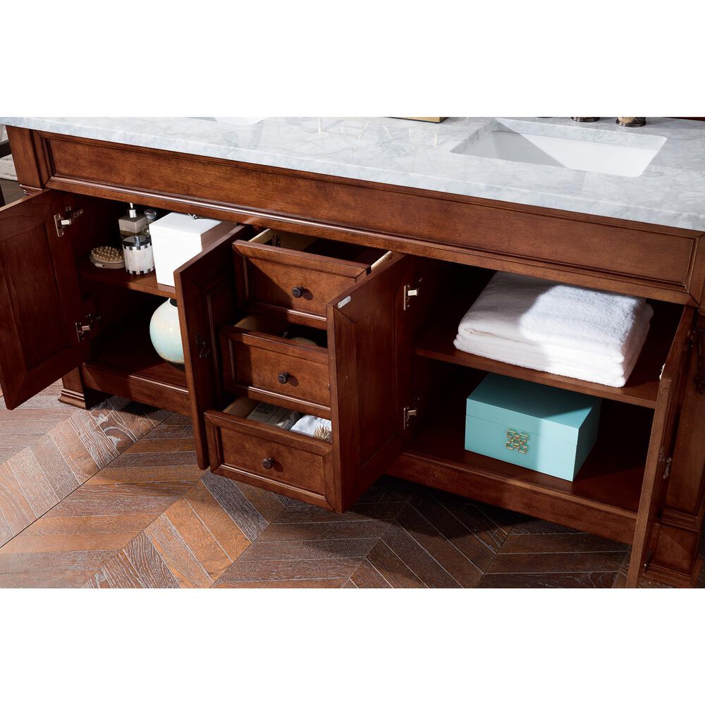 James Martin Vanities Brookfield 72&quot; Double Bathroom Vanity in Warm Cherry with 3 cm Carrara White Marble Top and Rectangle Sink, , large