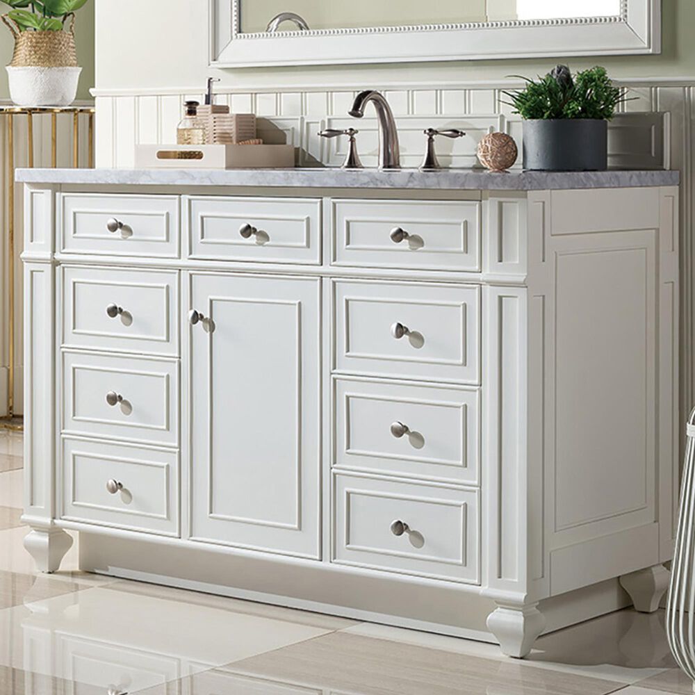 James Martin Vanities Bristol 48" Single Bathroom Vanity in Bright White with 3 cm Carrara White Marble Top and Rectangular Sink, , large