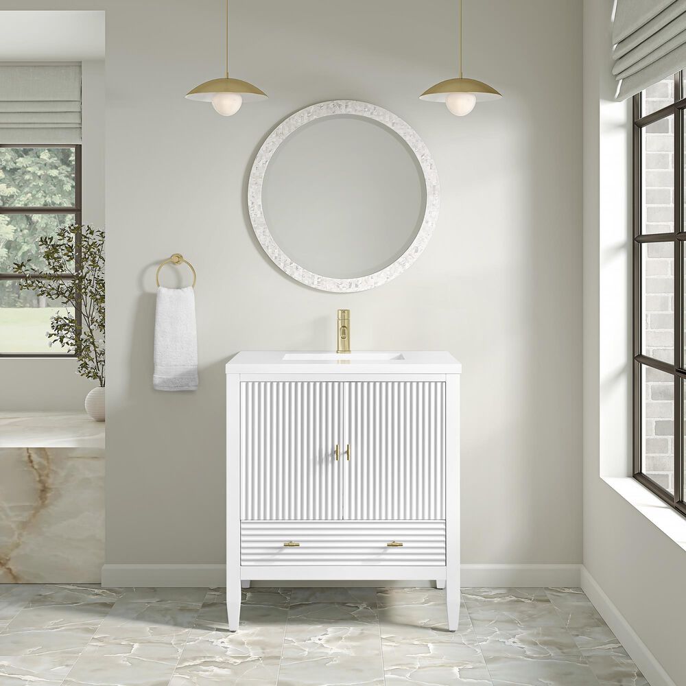 James Martin Myrrin 30" Single Bathroom Vanity in Bright White with Single Hole 3 cm White Zeus Silestone Top and Rectangular Sink, , large