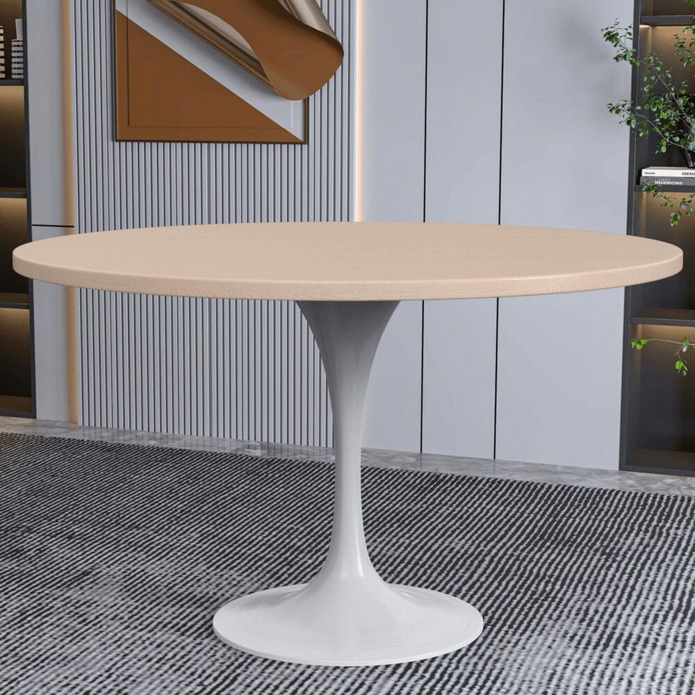Leisuremod LeisureMod Verve Collection 48 Round Dining Table, White Base with Light Natural Wood MDF Top, , large