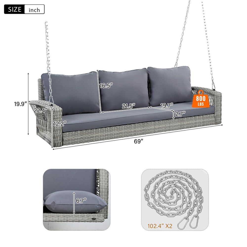 Hearth and Haven Go Outdoor 3-Seater PE Rattan Wicker Porch Swing Bench in Gray, , large