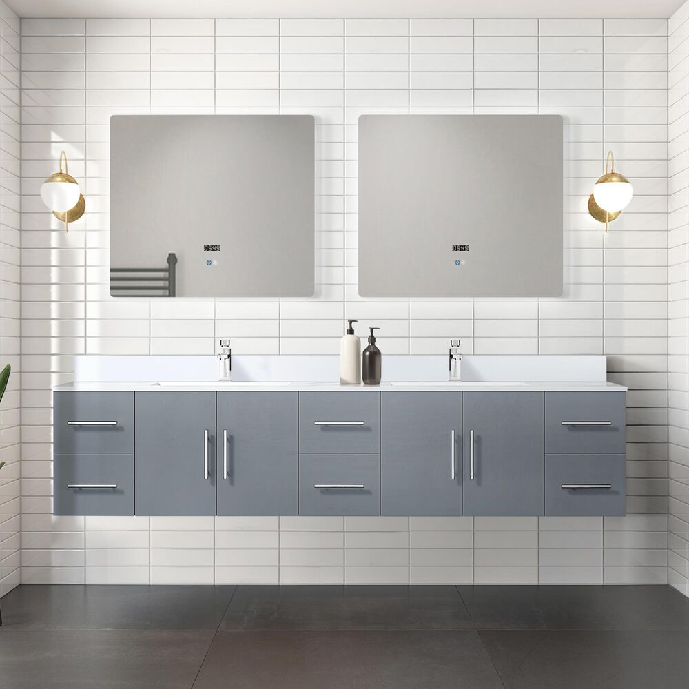 Lexora Home Geneva 84&quot; Double Bathroom Vanity in Dark Grey with 2 cm White Quartz Top and Rectangular Sinks, , large