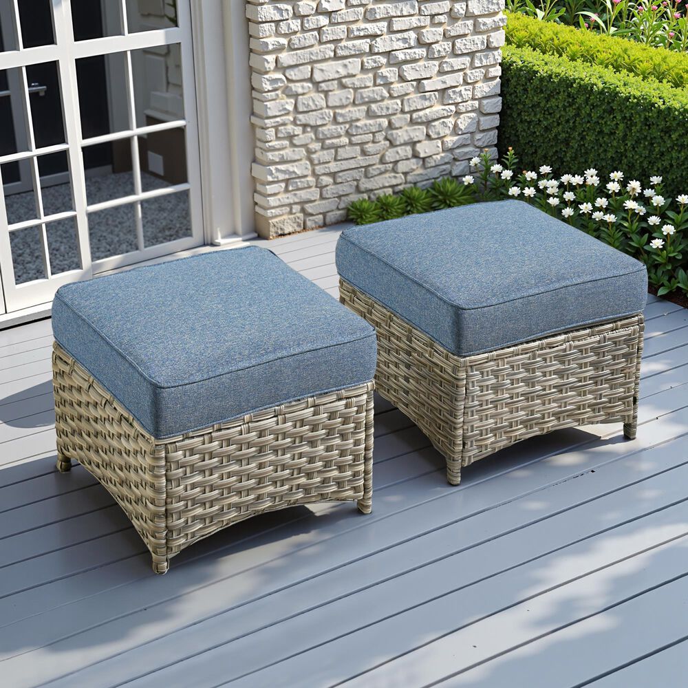 HOMLUX 2-Piece Outdoor Wicker Ottoman Set with Cushion in Denim Blue, , large