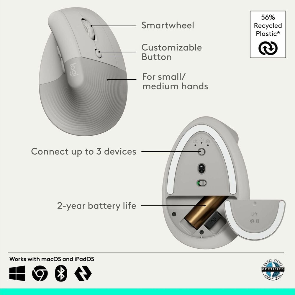 Logitech Lift Vertical Wireless Ergonomic Mouse in Sand, , large