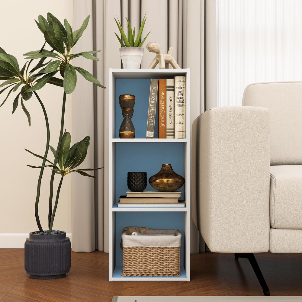 HOMLUX 3-Tier Bookcase with Decorative Open Shelves in White and Light Blue, , large